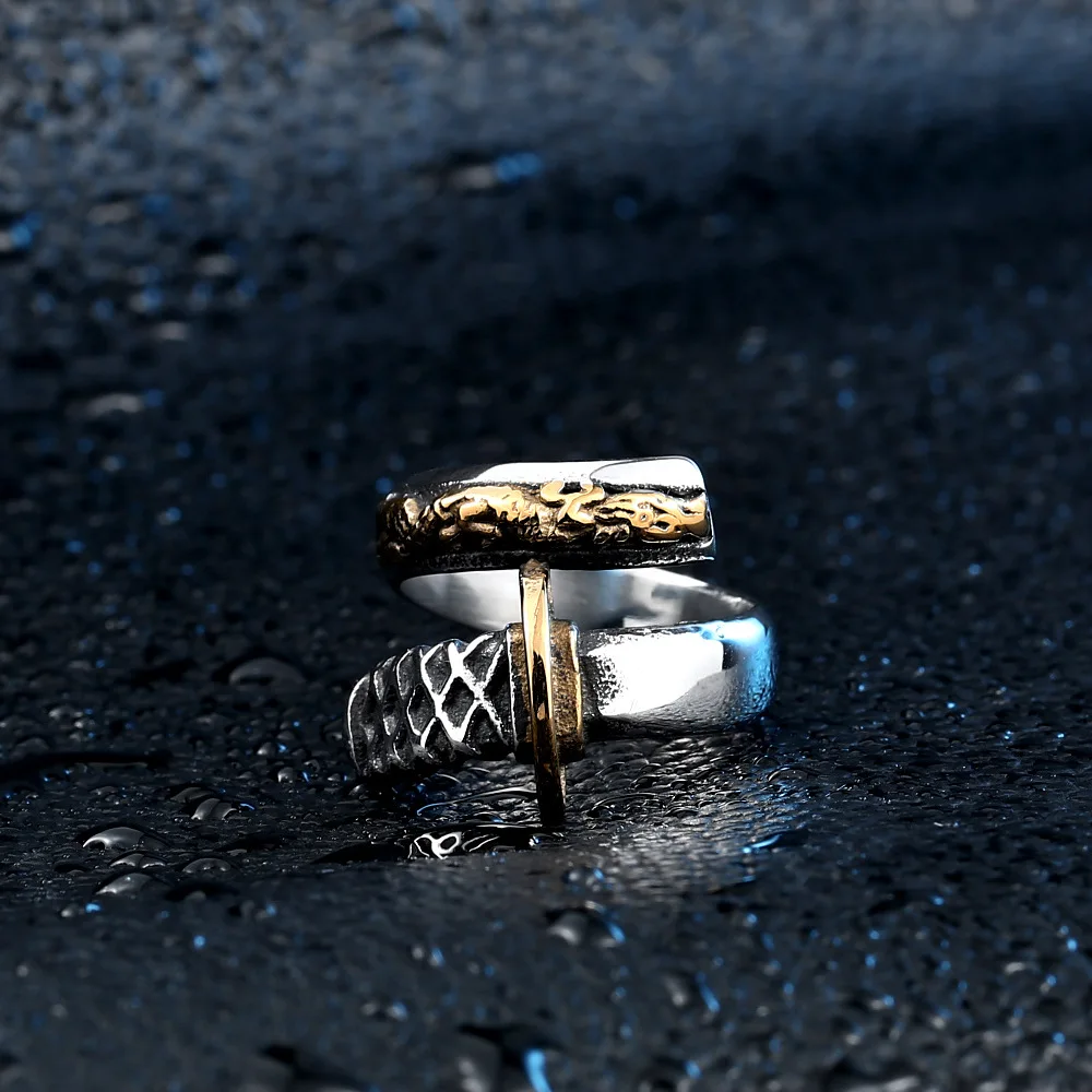 Retro Antique Dragon Pattern Katana Rings Gold Plated Stainless Steel Jewelry Mens Ring