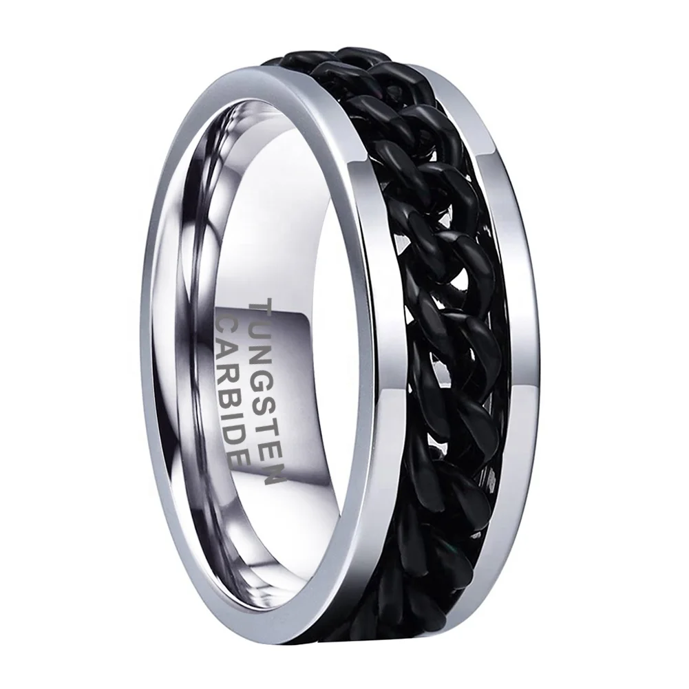 Coolstyle Jewelry 8mm Tungsten Spinner Anxiety Release Ring Men Women Black Steel Chain Inlay Fashion Engagement Wedding Band