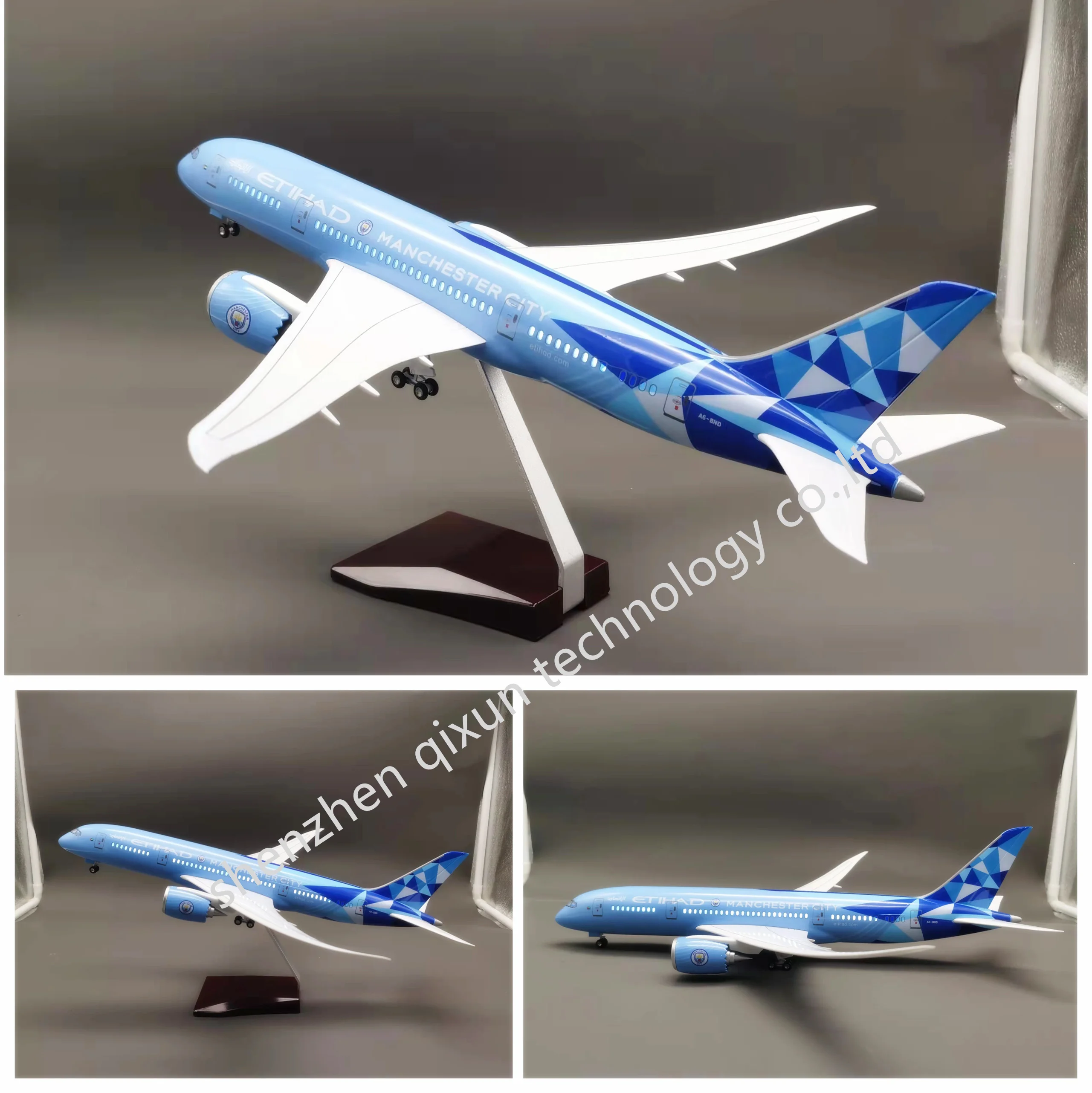 Unique Kids Toy LED Flashing Scale 1:130 43cm Boeing 787 ETIHAD Blue Aircraft Resin Model Aircraft with Wheels