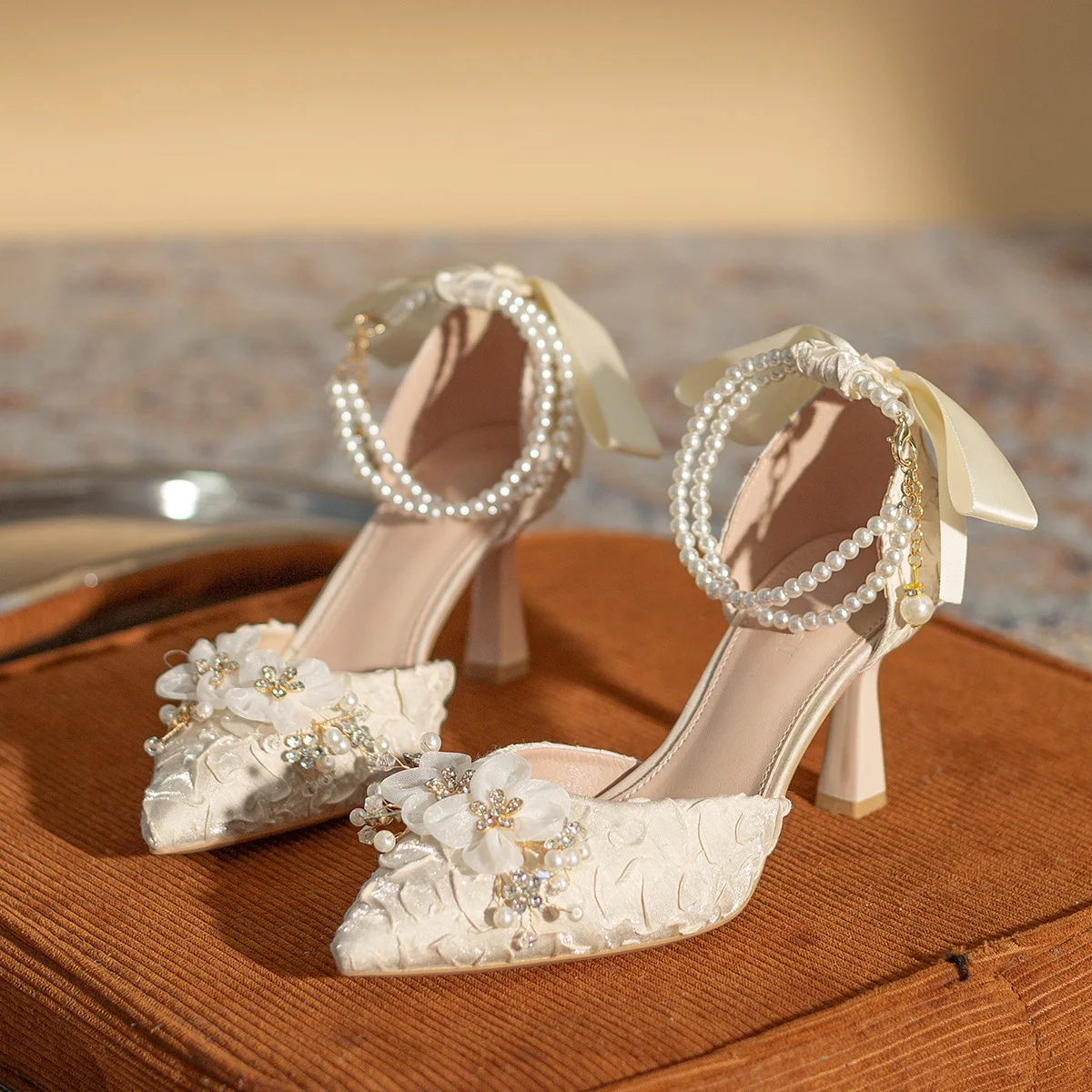 High Heel Wedding Shoes for Women High Quality Handmade Sandals Pearl Bowknot Bridal Shoes Hollow Out Bridesmaid Shoes