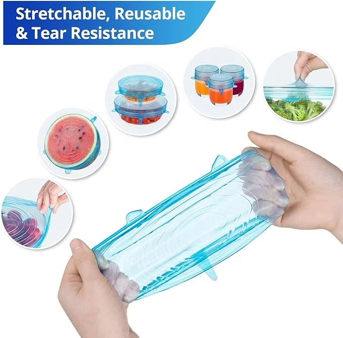 Silicone Stretch Lids Zero Waste Reusable Silicon Container Lid Covers for Leftover Food Fruit Bowls Pots Cups Jars Dishes 6PCS