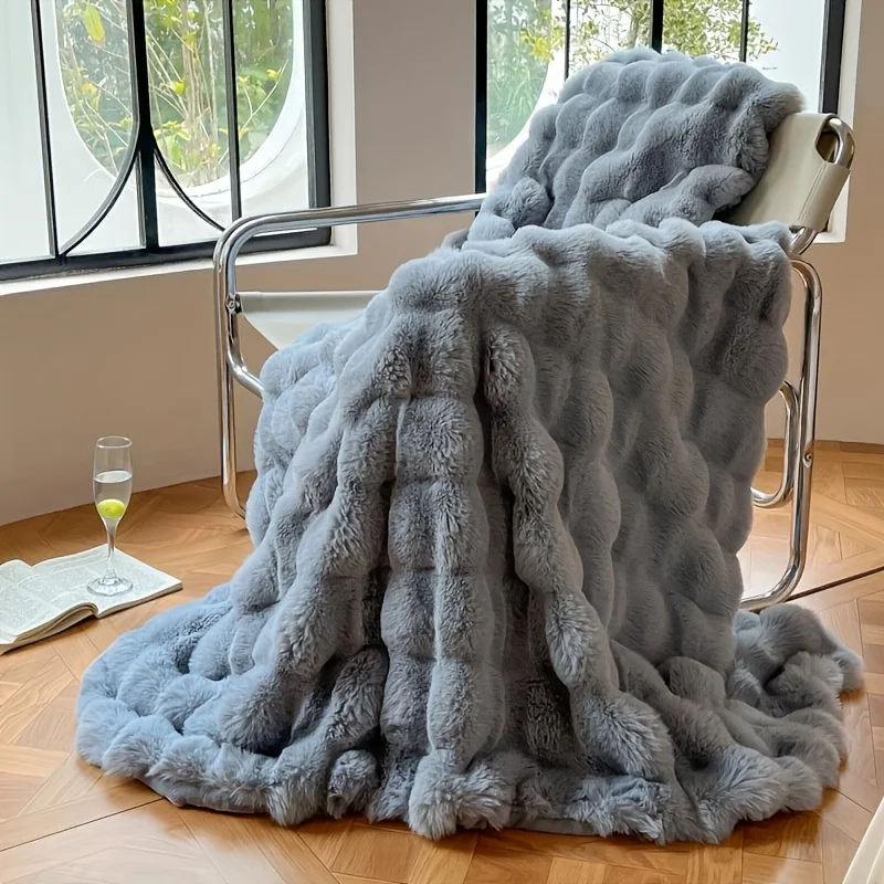 Super Soft Faux Rabbit Fur Blanket All Seasons Bubble Blanket for Bedroom Bed & Sofa Knitted Fleece Winter Home Decor