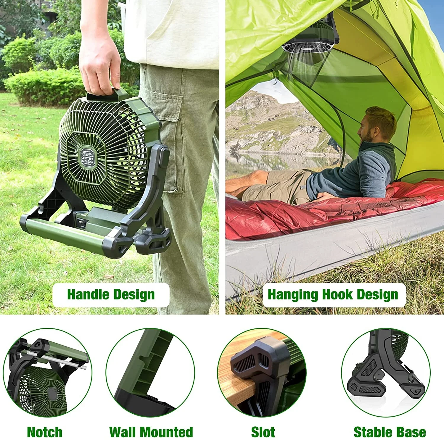 X25 cordless Portable Power Bank Personal USB Desk Rechargeable Camping Fan with led Light and Hook  for Home Office tent Travel