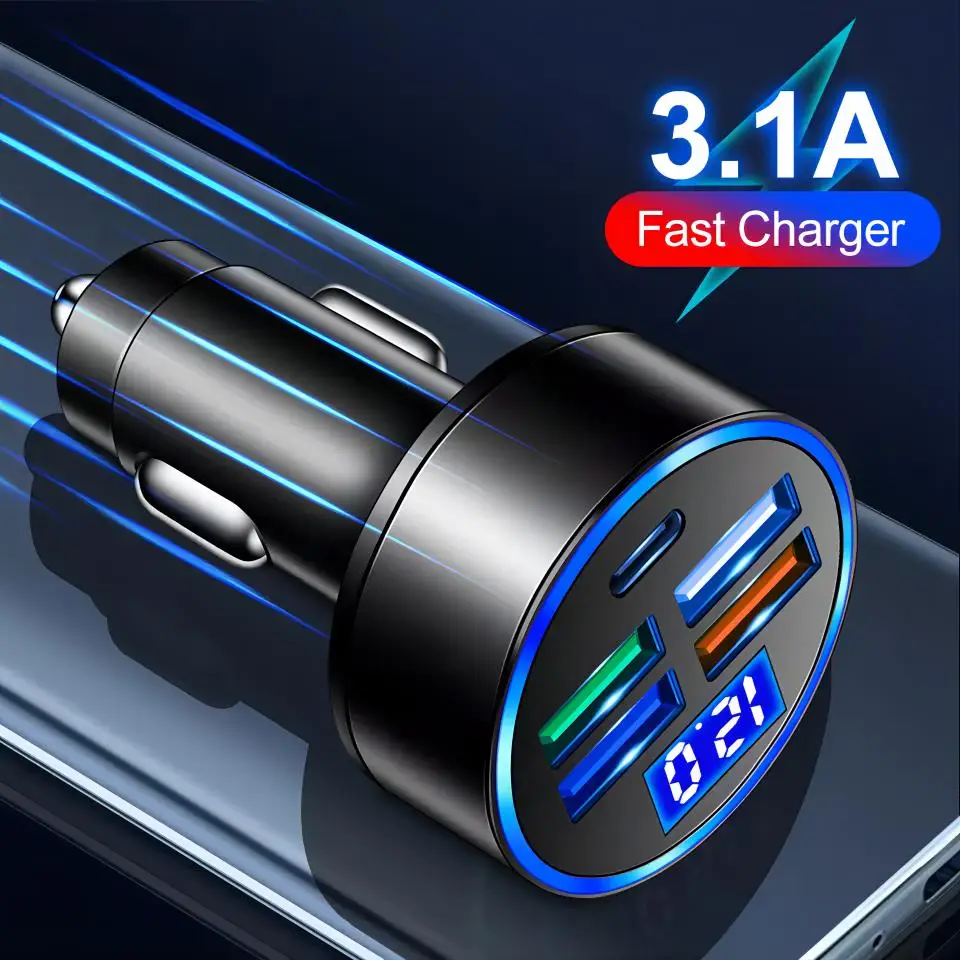 4 USB Port and 1 USB C Fast Car Phone Chargers With LED Voltage Display 5 Ports Mobile Phones Car Charger