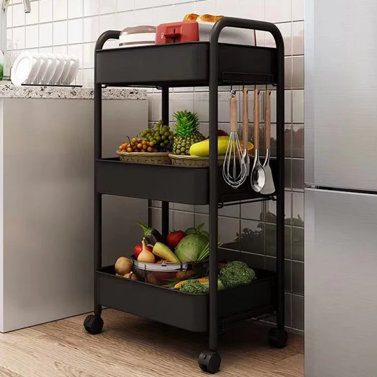 New household carbon steel three storey kitchen storage rack trolley cart organizer  foldable kitchen trolley with wheels