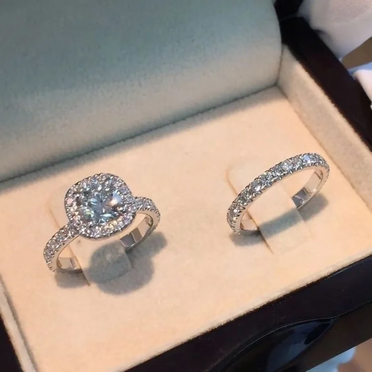 Silver Color CZ Rings 2pcs Set Simple Zircon Engagement Ring Jewelry Design Square Wedding Alloy Engagement Rings for Women N/A