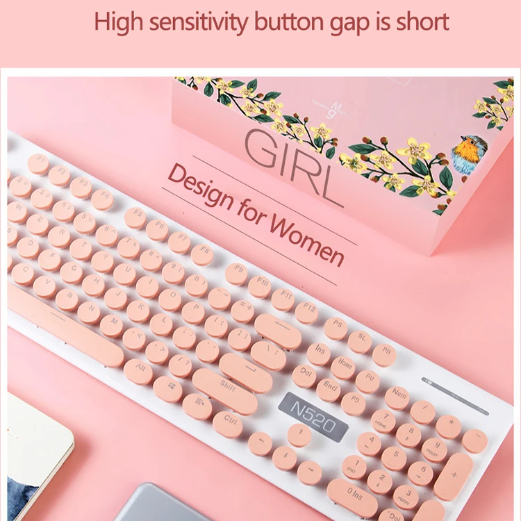 Retro Style 2.4G Wireless gaming Keyboards Keyboard And Mouse Set 1600DPI Combo For Office Game Pink