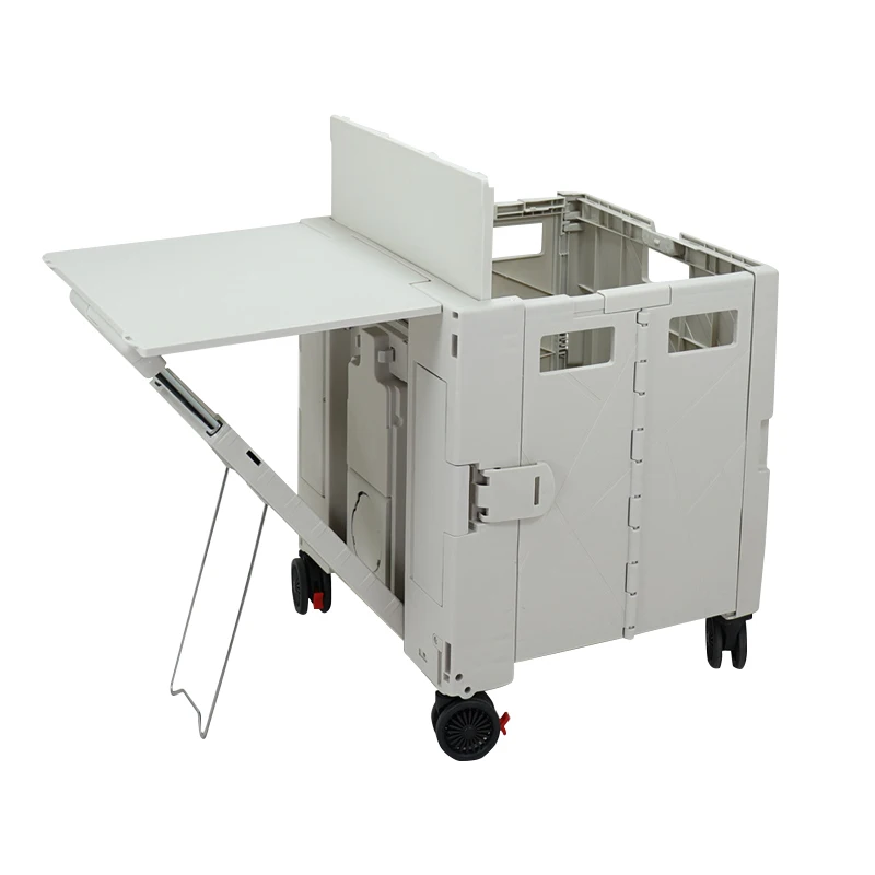 Multi Functional Shopping Cart Foldable Utility Cart Rolling Wheels Table Plate Telescopic Portable Plastic Cart with Wooden Lid