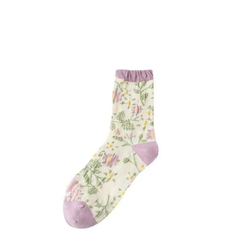 Winter Floral Jacquard Crew Socks for Women Wholesale Korean Cotton White Purple Striped Socks