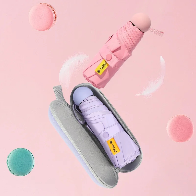 wholesale upf 50+ ultra mini 5 folding capsule umbrella macaron color small size pocket parasol umbrella with EVA case