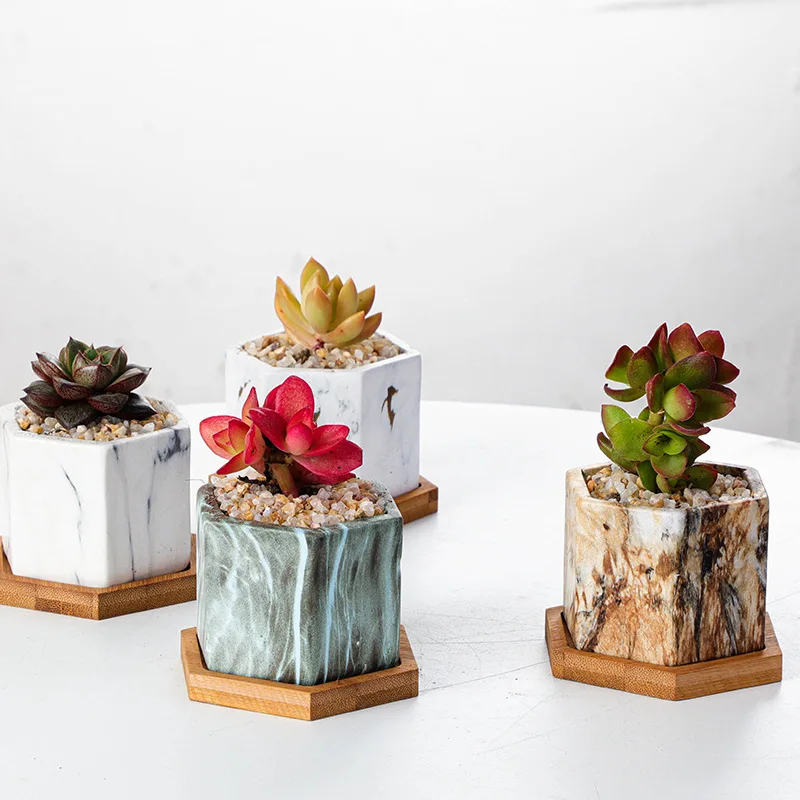 Wholesale Ceramic Wood Grain Marble Grain Succulent Flower Pot With Drainage Hole and Bamboo Saucer