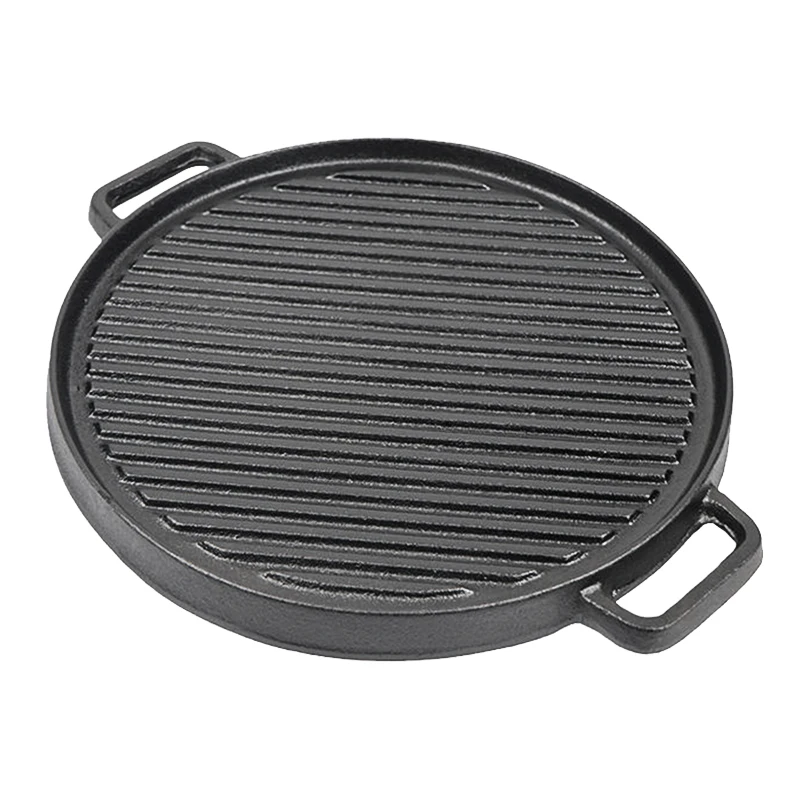 Outdoor Camping Round Cast Iron Reversible Cooking Pan Double Sided Grill And Griddle With Double Ears