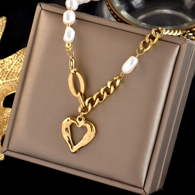 Wholesale New Non Tarnish Stainless Steel 18k Gold Plated Pearl Heart Pendant Jewelry Women Necklace