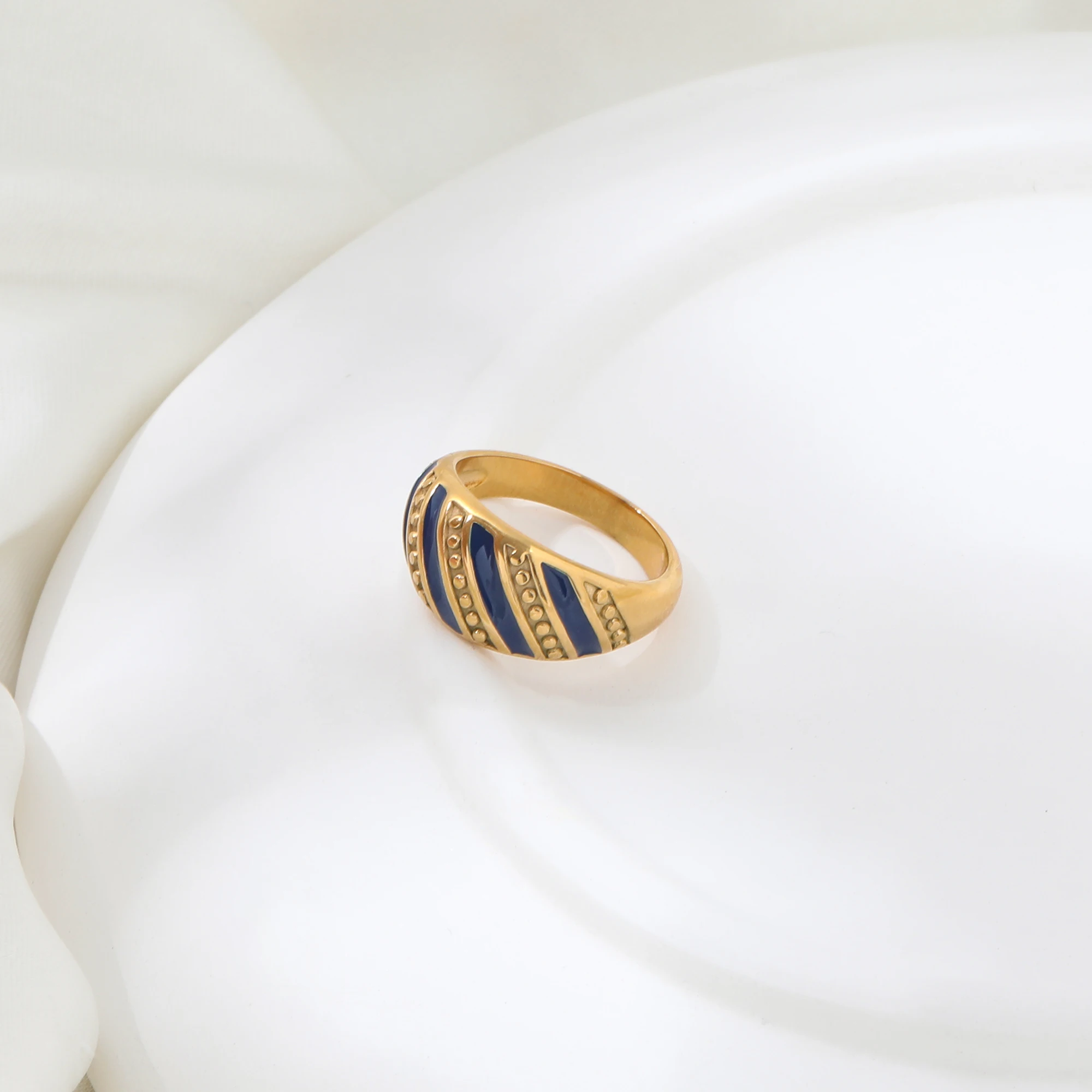 High End 18K PVD Gold Plated Navy Blue Enamel Rings for Women
