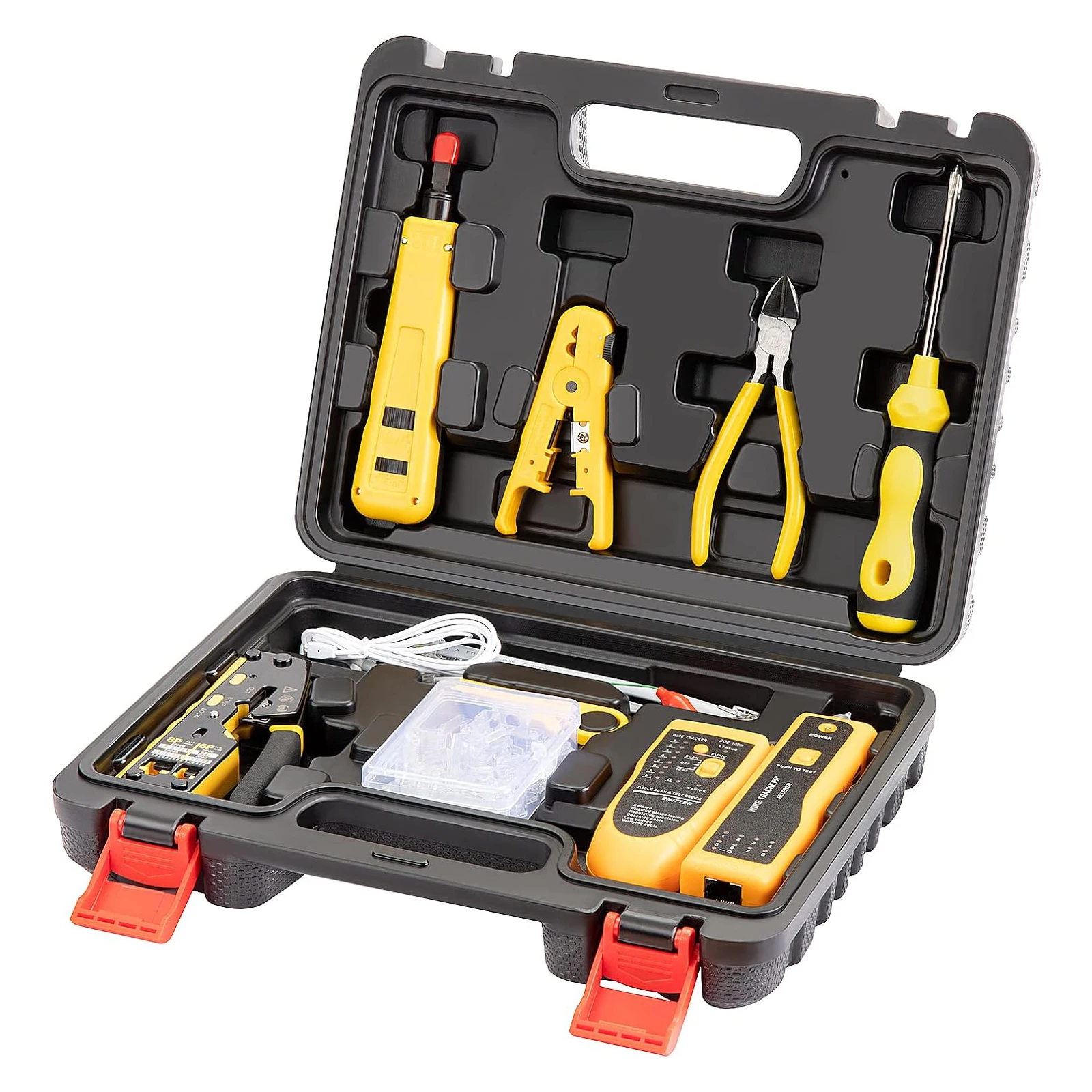 RJ45 Pass Through Network Tool Kit with Wire Tracker Punch down Tool Stripper Cutter Cat6 Connectors RJ45 Crimp Tool Kit