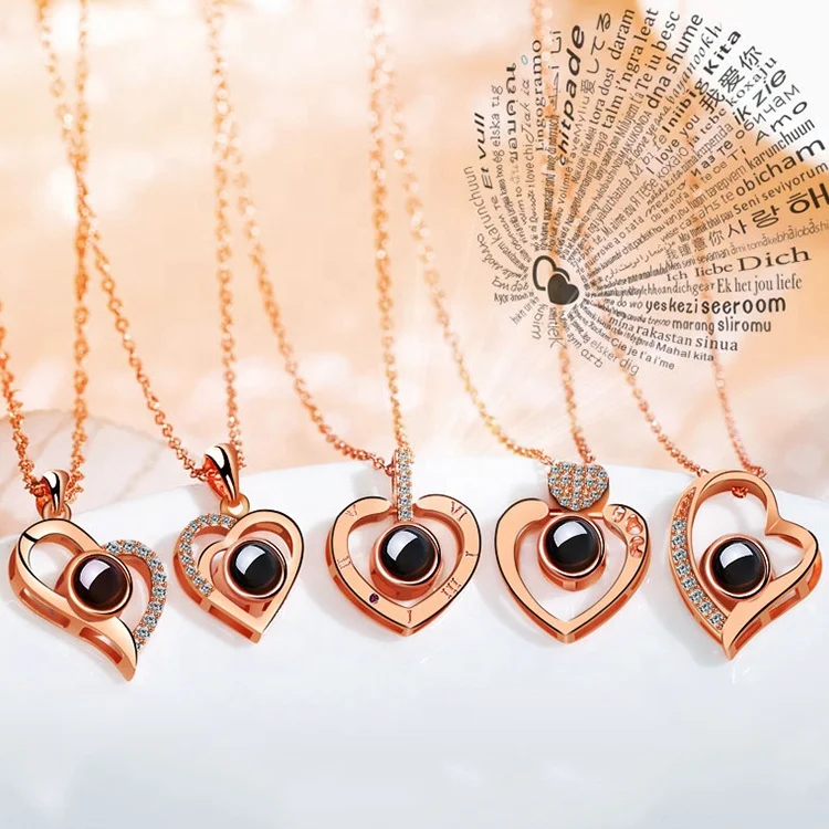 Custom Jewelry Service 18K Gold Plated 925 Sterling Silver Jewellery Heart Pendant I Love You 100 Language Necklace for Women