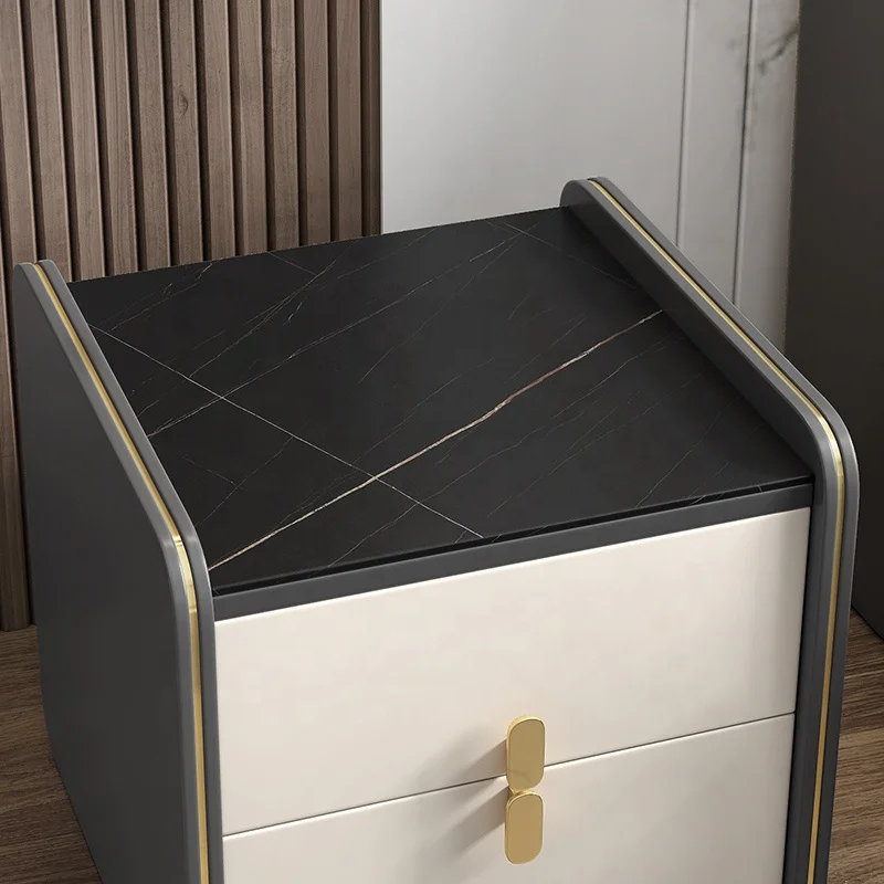 Light luxury rock plate countertop storage bedside table with double drawer