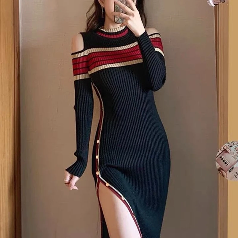 Striped Slim Slit Trendy New Knit Midi Dresses Long Sleeve Women Elegant Sexy Dress
