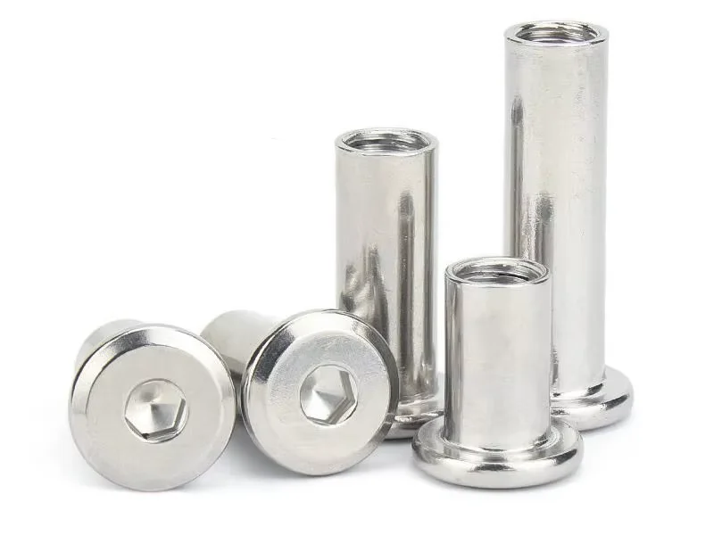 Custom Wholesale 304 Stainless Steel Splint Nut Lock Furniture Screw Hex nut male-female joint Chicago screw