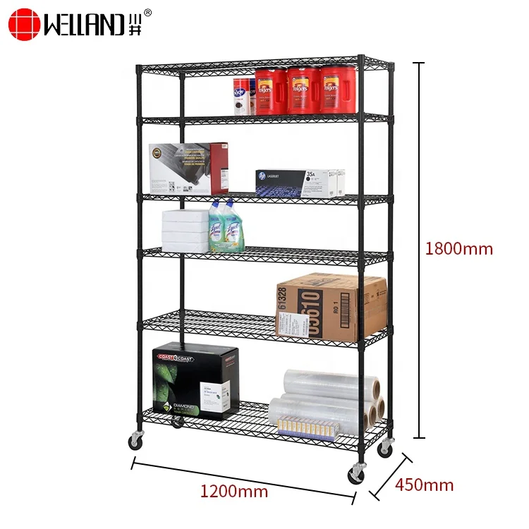 Hot Sale Commercial 6 Tier Epoxy Coating Black Heavy Duty Wire Shelving With Wheels