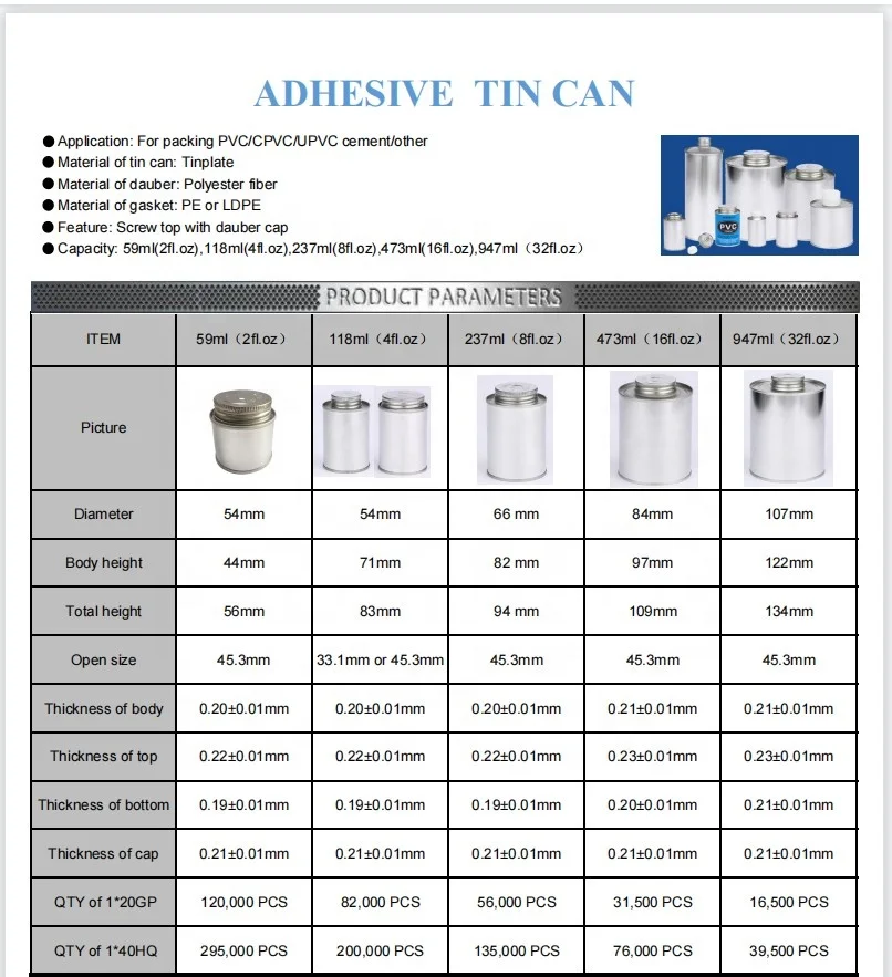 100ml, 500g Metal Adhesive Can For Packing PVC Cement Glue Tin Can metal box With plastic cover and Brush