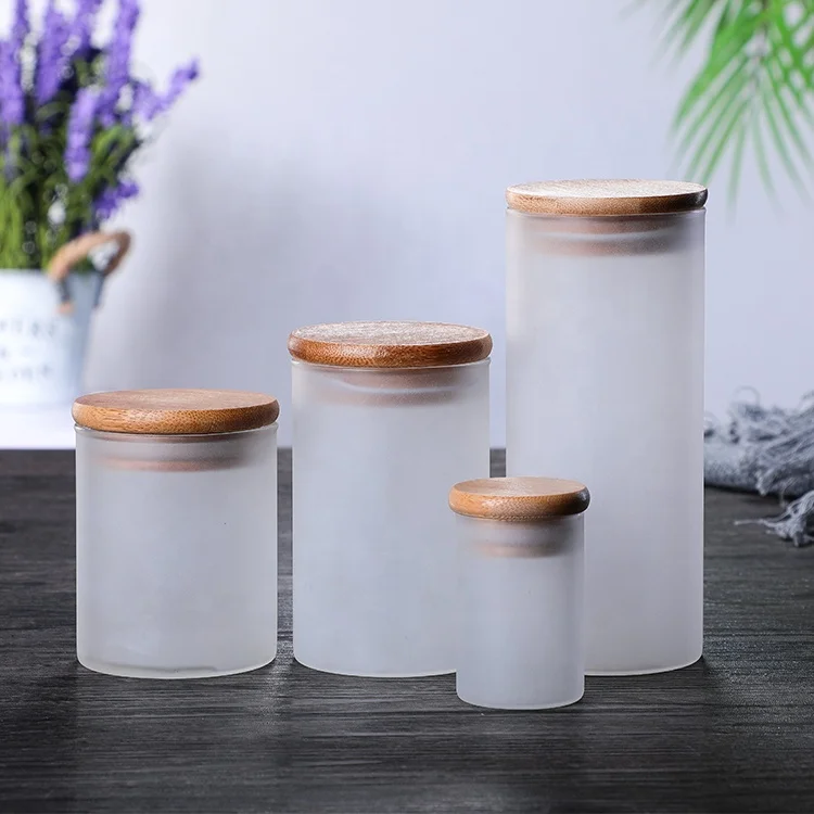 Hot sales white frosted customized candle holder glass candle jar with wooden lid for candle making