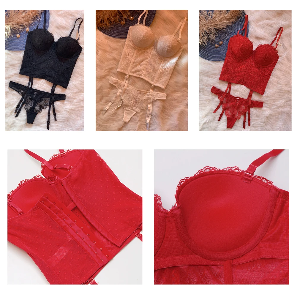6619 Sexy Shaper Lingerie Set With Garter Women Bra Thongs Shapewear Set Lace Push Up Corset Underwear For Ladies