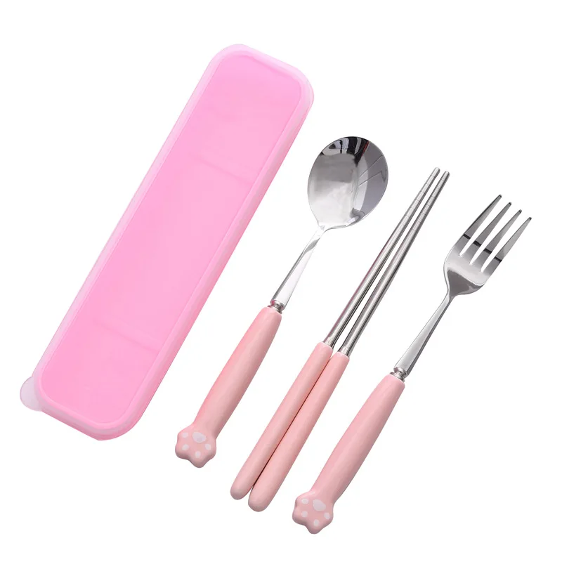 2238 Cartoon creative cat claw ceramic stainless steel cutlery chopsticks spoon fork portable cutlery set