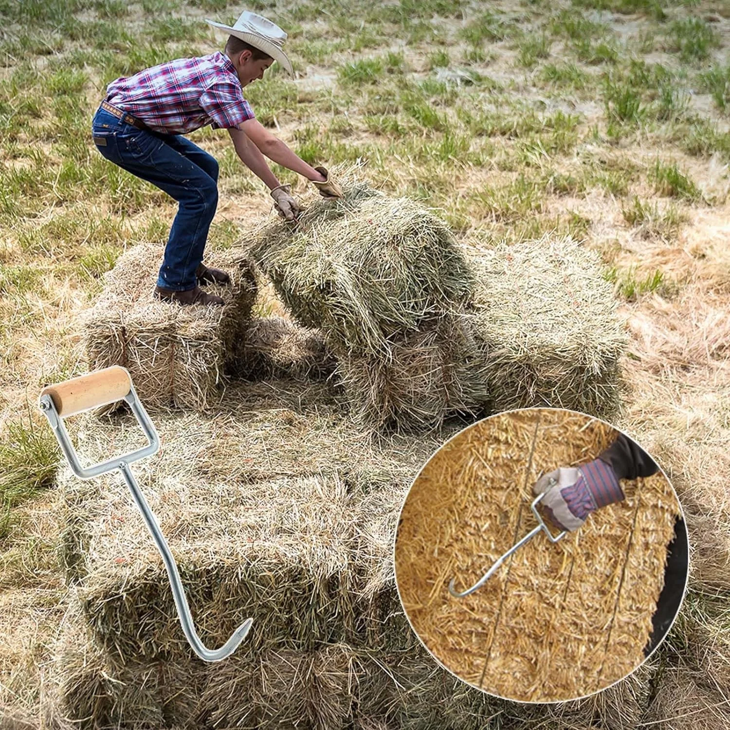 Horshi Durable Hay Hook Metal D-Shaped Hay Hook with Wooden Handle for Handling Hay Bales