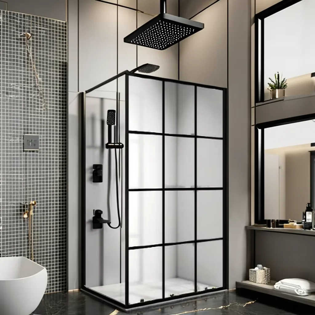 Black Stainless Steel Support Bar Shower Rooms Black Aluminum Alloy Profile Transparent 6mm Tempered Glass Silk Print Picture