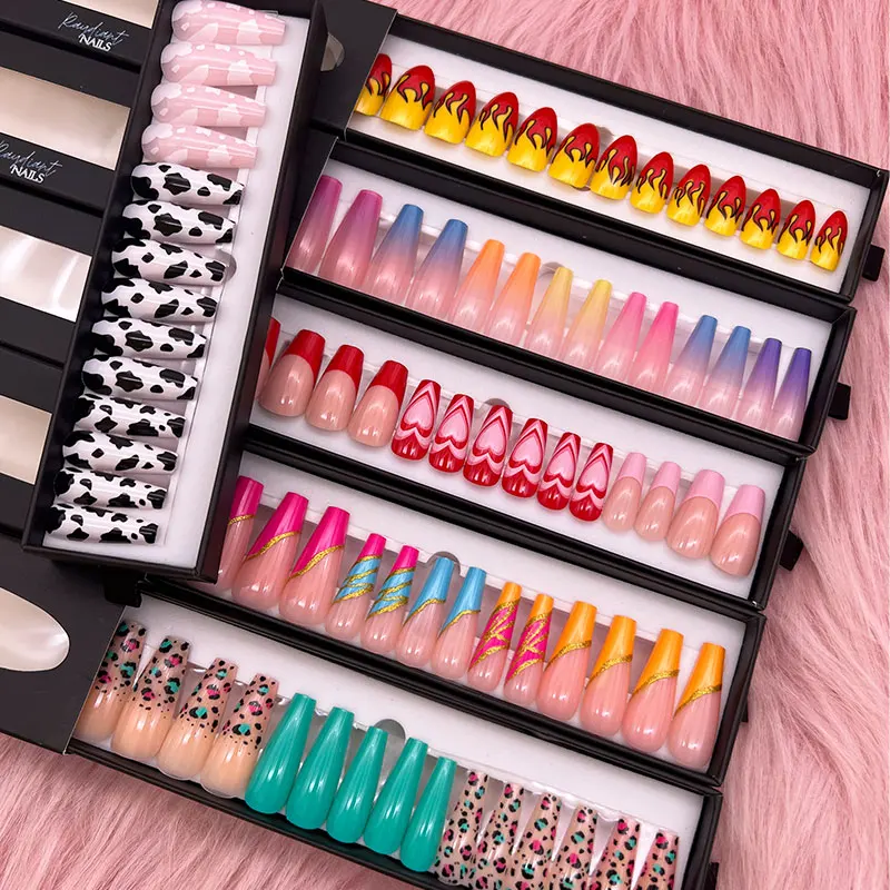 unas press on nails false cute nails handmade artificial fingernails with branded stickers