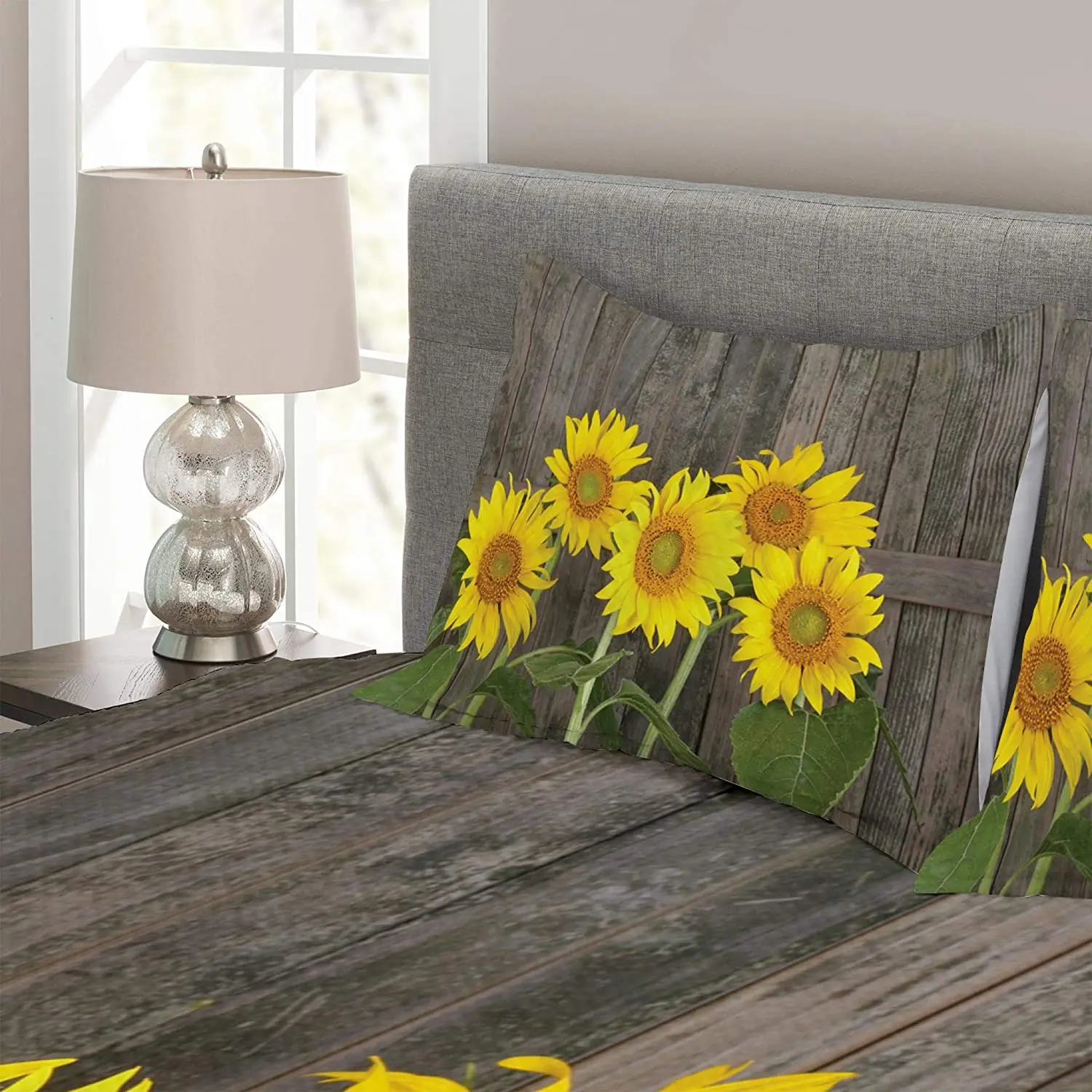 Helianthus Sunflowers Against Weathered Aged Fence Summer Garden Photo