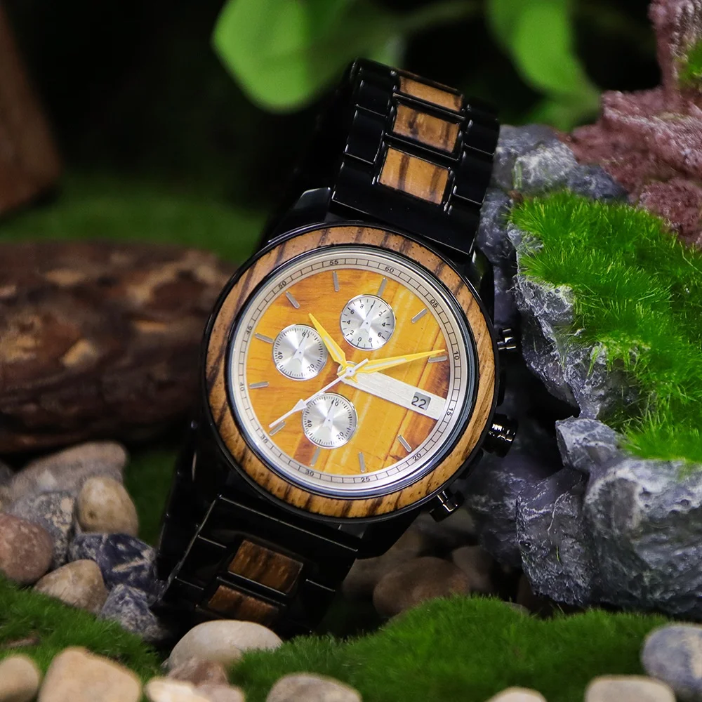 Luxury Marble Wooden Wrist Watch Metal Wood Watches Waterproof Sports Chronograph Quartz Wooden Watch For Men
