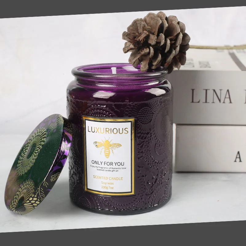 Scented Candle Soybean Wax Embossed Glass Cup Plant Essential Oil Lasting Birthday Gift for Girlfriends