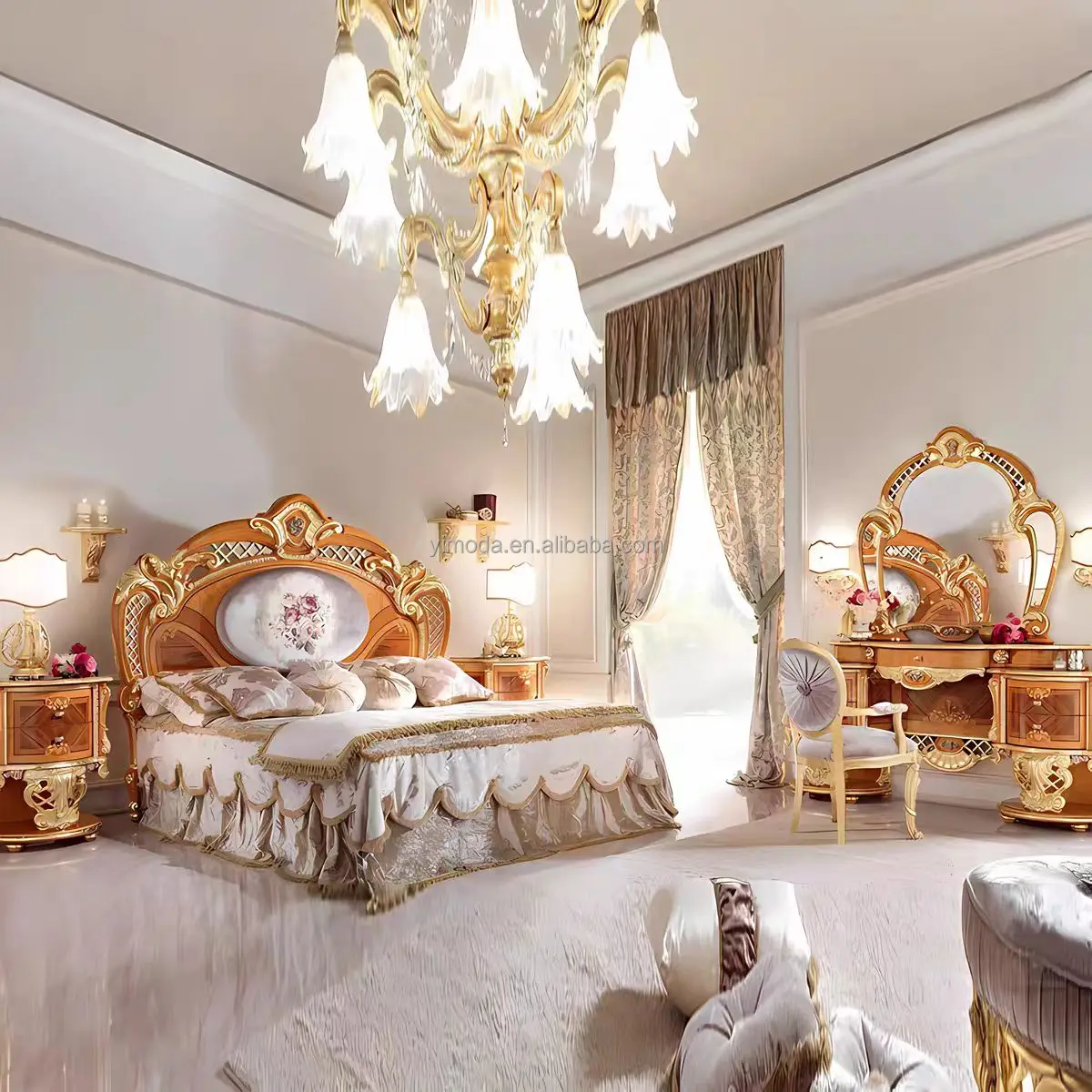 Classic Antique Royal Furniture Bedroom Set Luxury Villa Hotel Furniture Flower Velvet Fabric King Bed Villa Beige brown Bed