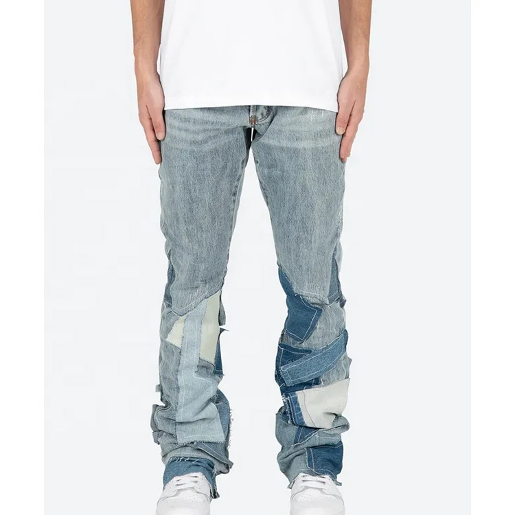 Custom Patchwork Flare Denim For Men Cotton Skinny Stacked Pants Light Blue Washed Flare Jeans