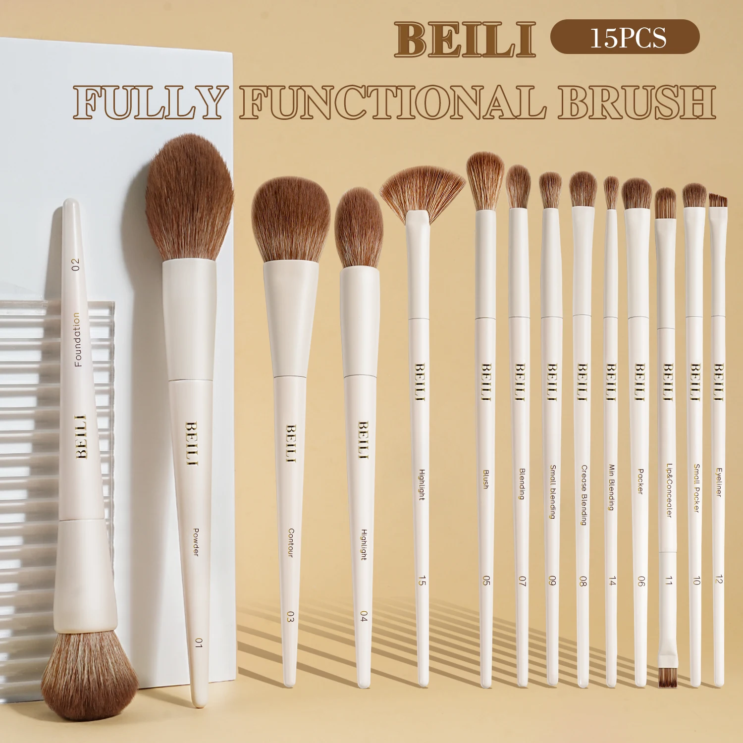 Beauty Accessories Luxury Professional Makeup Brushes Set 15pcs With Beige Wood Handle Vegan Cruelty Free Make Up Brushes