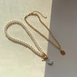 MNL30014 Two-piece pearl pendant fashion ins iron chain personality street baroque necklace choker sweater chain pearl necklace