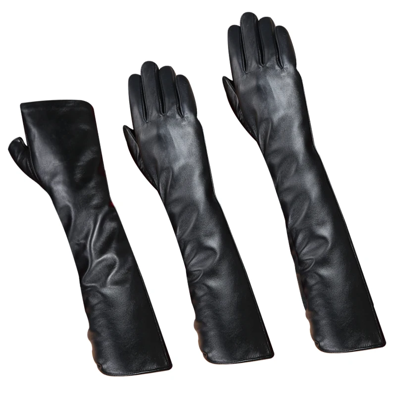 Пользовательские модные длинные кожаные перчатки из черной овечьей кожи, женские длинные перчатки, перчатки из овечьей овчины, кожаные перчатки для женщин