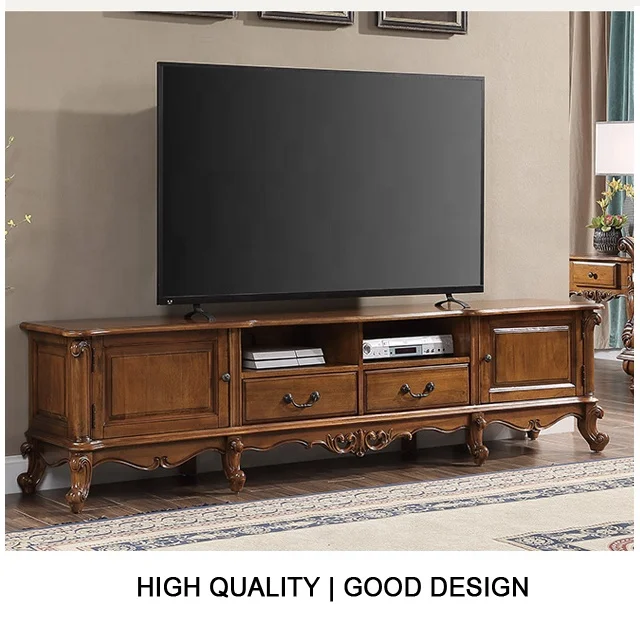 luxury antique tv table/storage cabinet/stand furniture with 2 drawer shelf and doors brown for living room