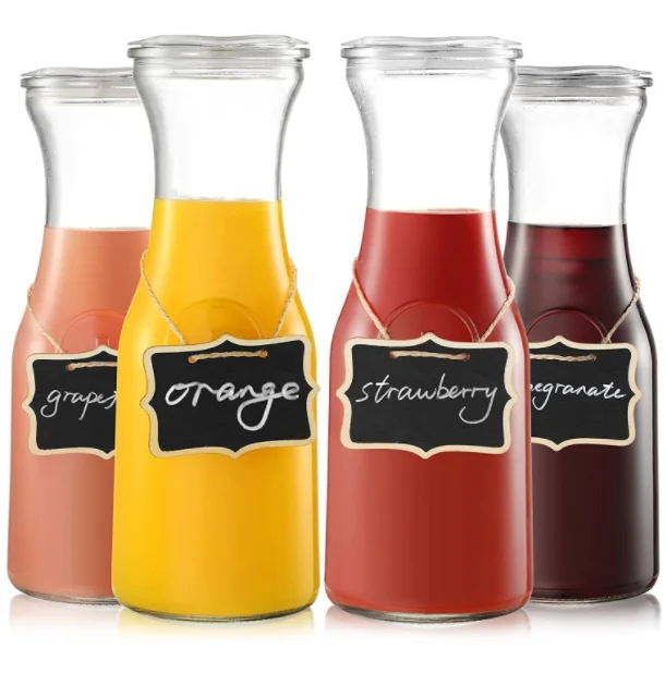 Glass Carafe Pitchers, Beverage Dispensers, Clear Jugs For Mimosas Water Milk and Juice, with Plastic Lids