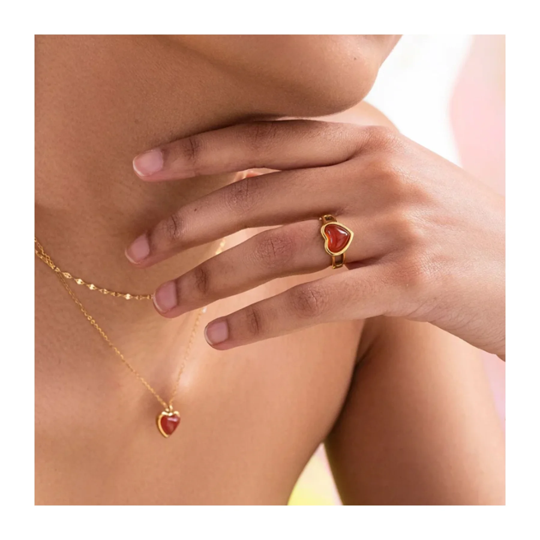 XIXI Anillos Waterproof Adjustable Stainless Steel 18K Gold Plated Women Open Red Agate Heart Gifts Fashion Jewelry Ring