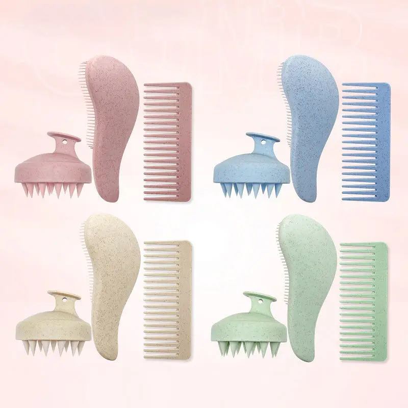 3 in 1 Eco-friendly Wet Dry Use Wheat Straw Detangler Hairbrush Scalp Massager Shampoo Brush Wide Tooth Hair Comb Travel Kit