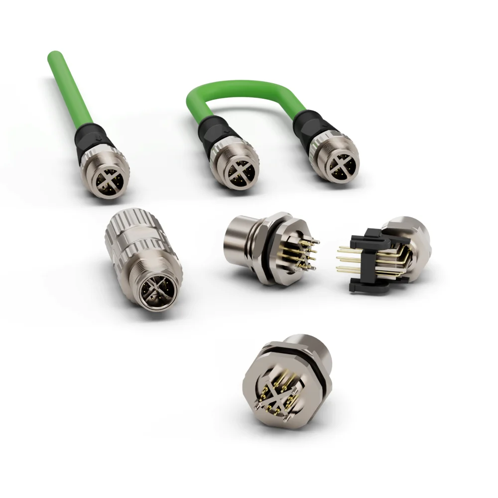 M12 X Coded Male Straight to Male RJ45 Connector Cat6a IP67 8 Pin RJ45 Connector with Green Cable