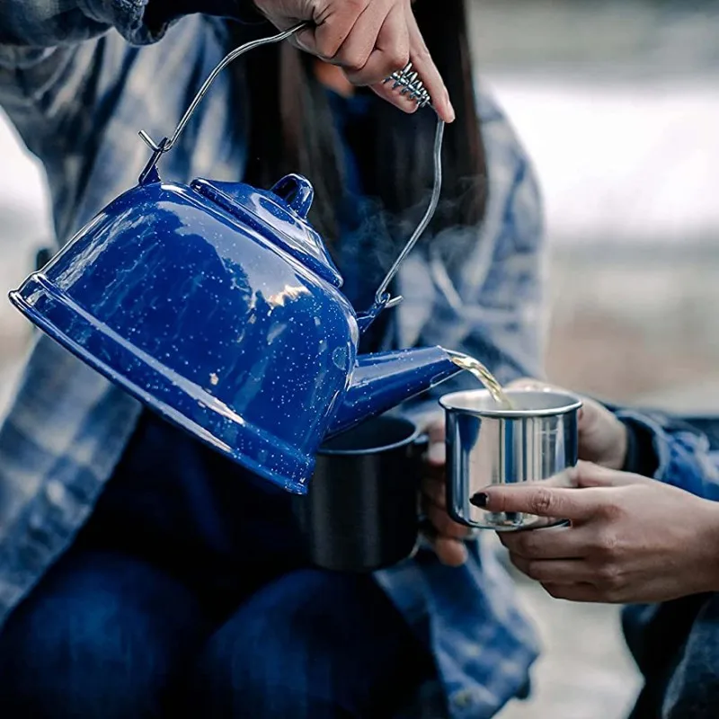 2.5L outdoor blue speckled color camping 10 Cup custom logo printed metal enamel tea coffee pot percolator Kettle with handle