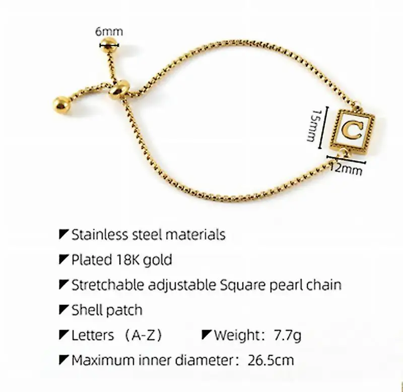 Stainless Steel 18 K Gold Plate Letter bracelet White Shell A-Z 26 Alphabets Rectangular Pendant Initial Sliding Bracelet
