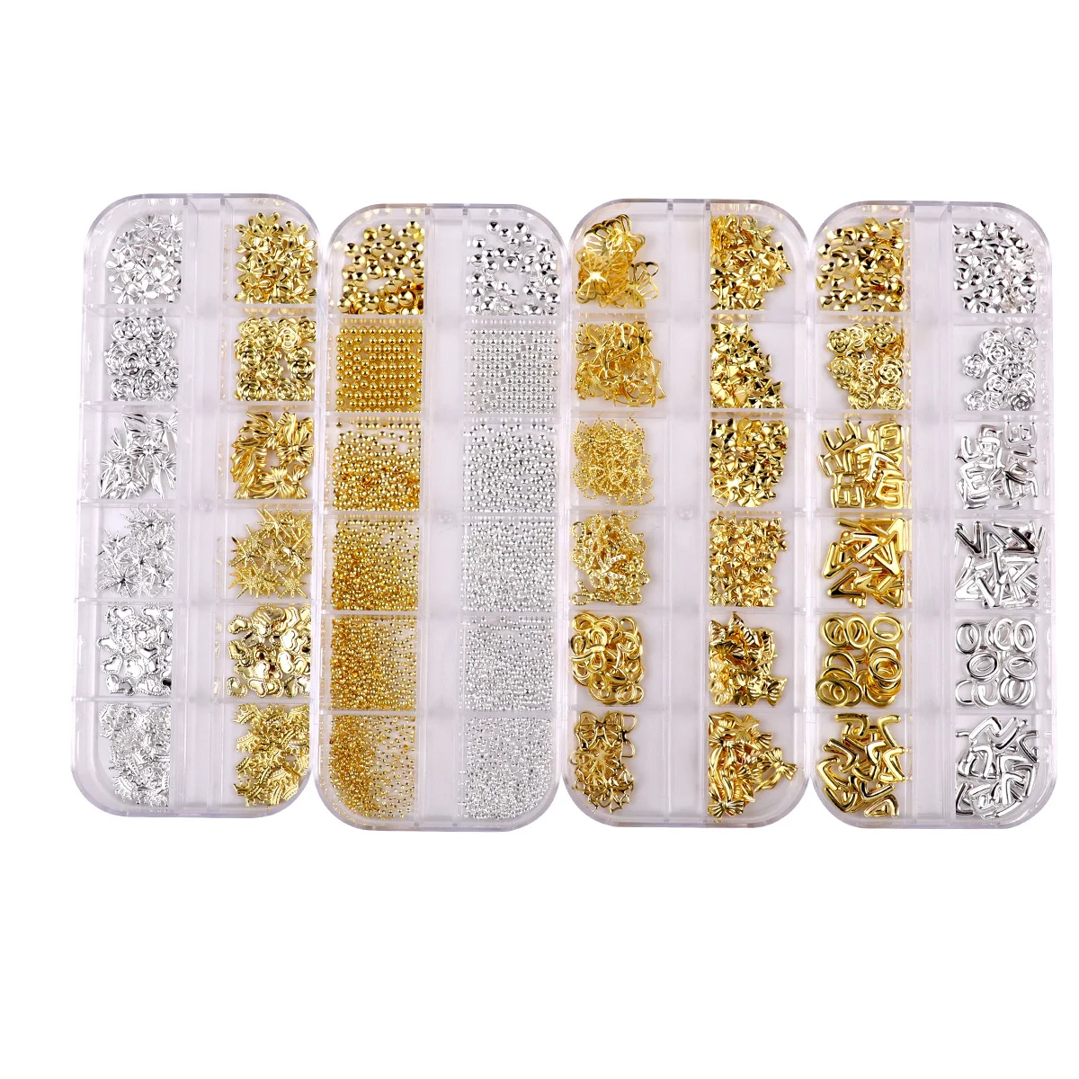 New arrival 12 grid nail Art decoration box with mixed metal gold and silver rivets for nail decoration sticker