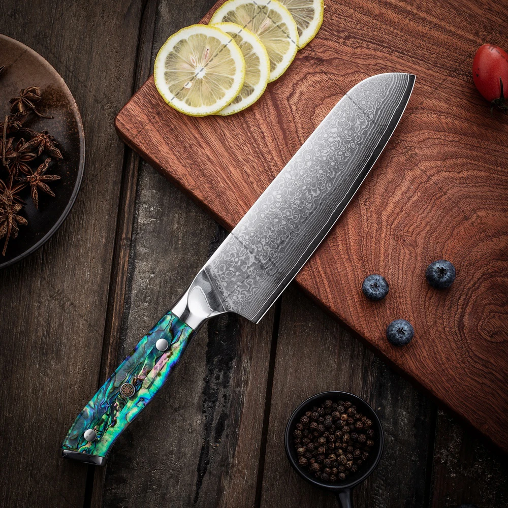 7 inch Santoku Knife Damascus Kitchen Knife 67 Layers Damascus Steel with Abalone Shell Handle
