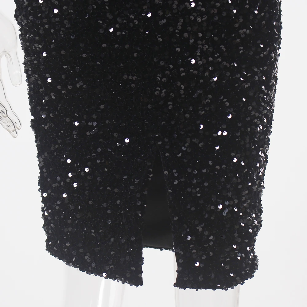 One Soulder Long Sleeve Sexy Black Sequined Velvet Short Cocktail Party Prom Midi Dress Prom Ball Gown