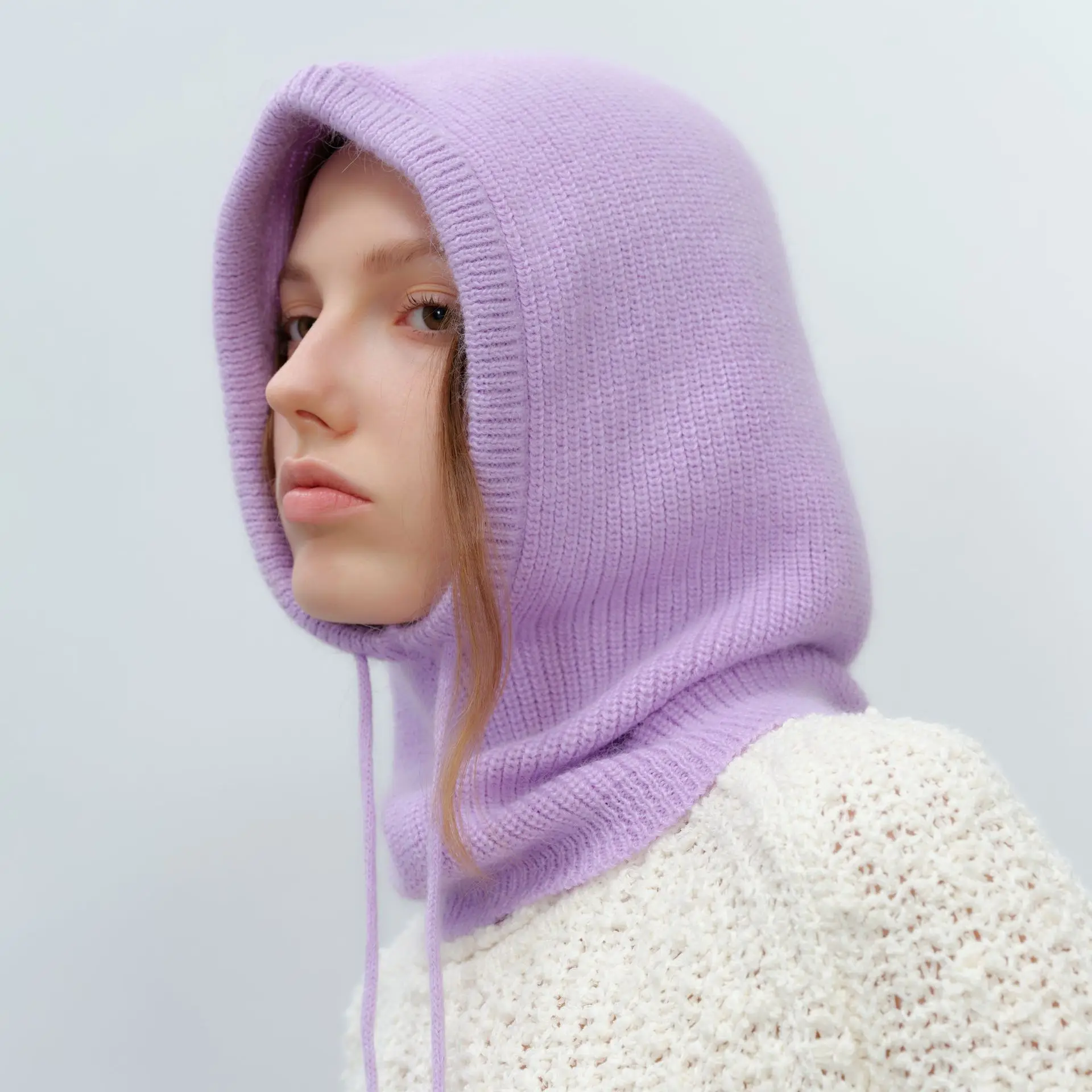 Manufacturer Custom Fashion Drawstring Warm Knitted Pullover Beanie Cap Ring Hooded Scarf Balaclava Hat For Women